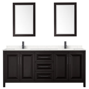Daria 80 Inch Double Bathroom Vanity in Dark Espresso Carrara Cultured Marble Countertop Undermount Square Sinks Matte Black Trim 24 Inch Mirrors