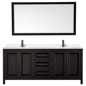 Daria 80 Inch Double Bathroom Vanity in Dark Espresso Carrara Cultured Marble Countertop Undermount Square Sinks Matte Black Trim 70 Inch Mirror