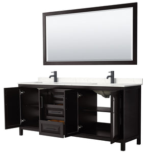 Daria 80 Inch Double Bathroom Vanity in Dark Espresso Carrara Cultured Marble Countertop Undermount Square Sinks Matte Black Trim 70 Inch Mirror
