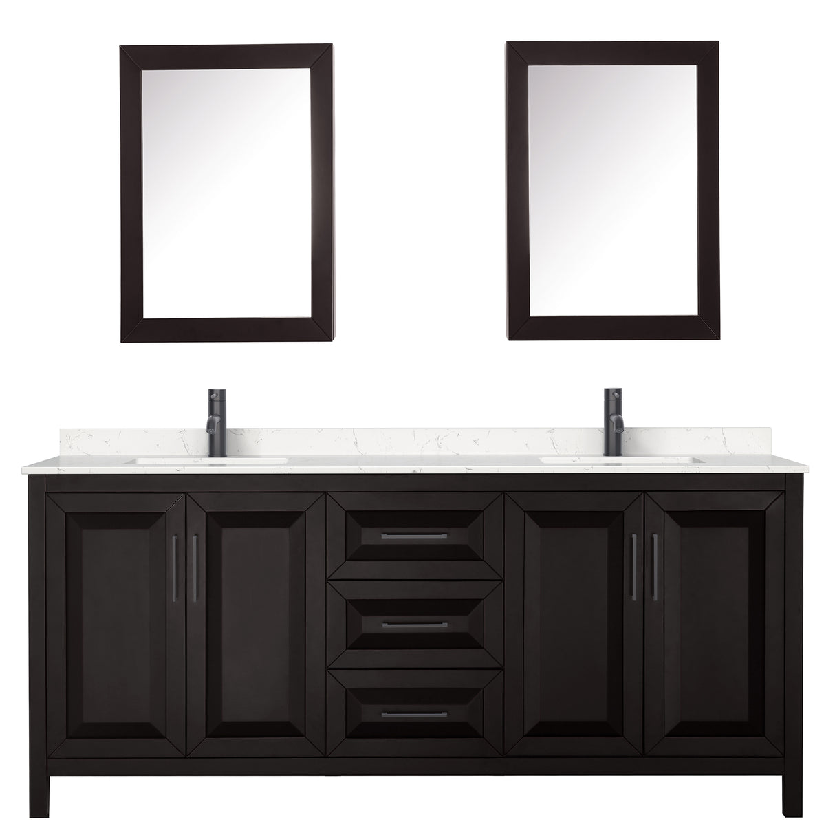 Daria 80 Inch Double Bathroom Vanity in Dark Espresso Carrara Cultured Marble Countertop Undermount Square Sinks Matte Black Trim Medicine Cabinets