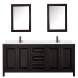 Daria 80 Inch Double Bathroom Vanity in Dark Espresso Carrara Cultured Marble Countertop Undermount Square Sinks Matte Black Trim Medicine Cabinets