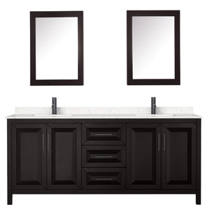 Daria 80 Inch Double Bathroom Vanity in Dark Espresso Carrara Cultured Marble Countertop Undermount Square Sinks Matte Black Trim Medicine Cabinets
