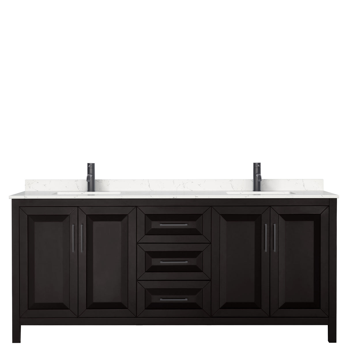 Daria 80 Inch Double Bathroom Vanity in Dark Espresso Carrara Cultured Marble Countertop Undermount Square Sinks Matte Black Trim