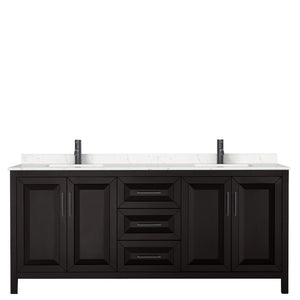 Daria 80 Inch Double Bathroom Vanity in Dark Espresso Carrara Cultured Marble Countertop Undermount Square Sinks Matte Black Trim