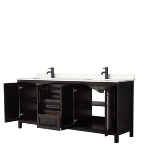 Daria 80 Inch Double Bathroom Vanity in Dark Espresso Carrara Cultured Marble Countertop Undermount Square Sinks Matte Black Trim