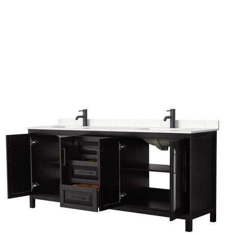 Daria 80 Inch Double Bathroom Vanity in Dark Espresso Carrara Cultured Marble Countertop Undermount Square Sinks Matte Black Trim