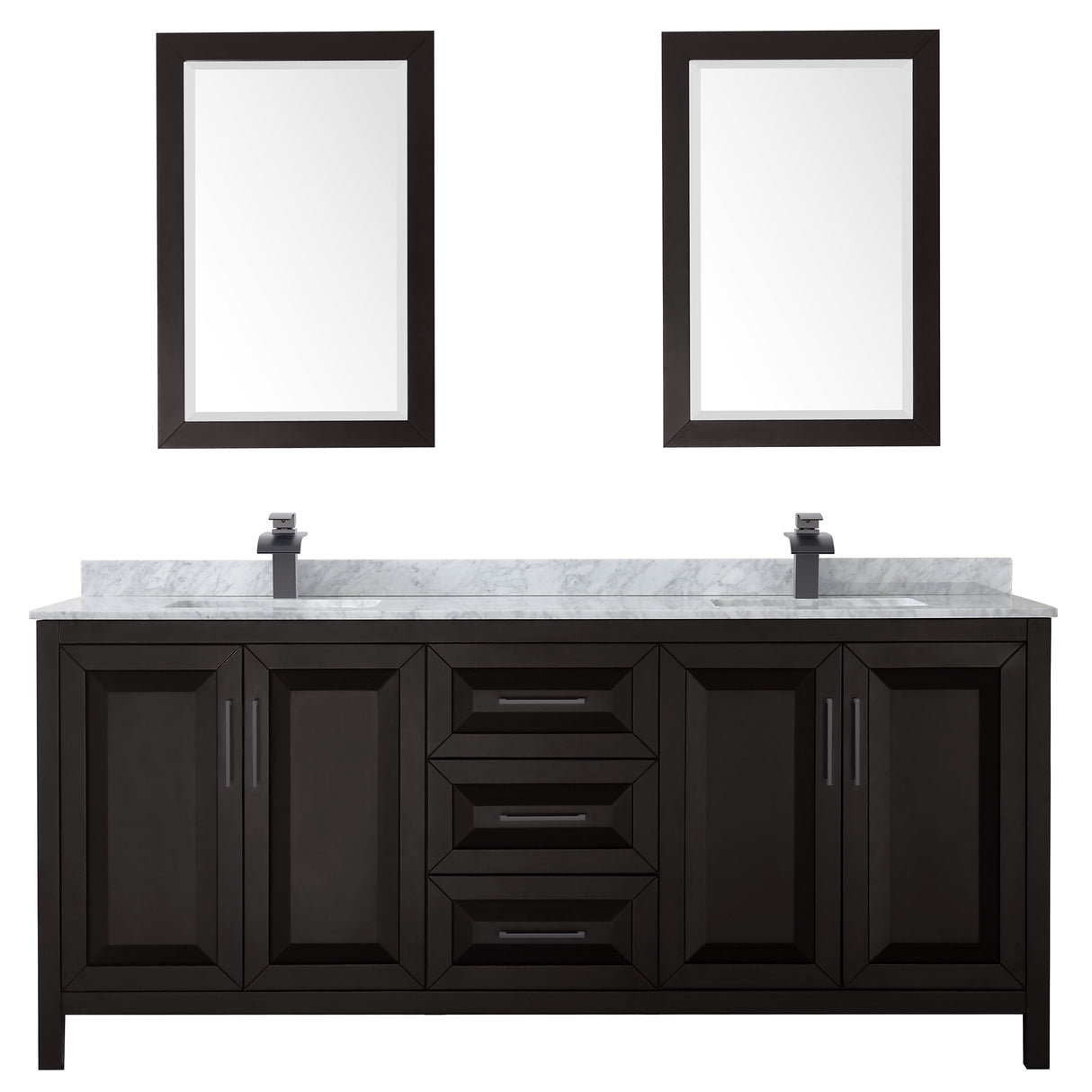 Daria 80 Inch Double Bathroom Vanity in Dark Espresso White Carrara Marble Countertop Undermount Square Sinks Matte Black Trim 24 Inch Mirrors