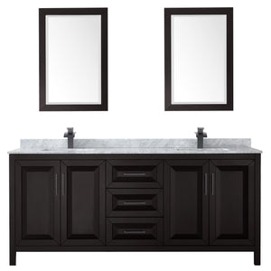 Daria 80 Inch Double Bathroom Vanity in Dark Espresso White Carrara Marble Countertop Undermount Square Sinks Matte Black Trim 24 Inch Mirrors