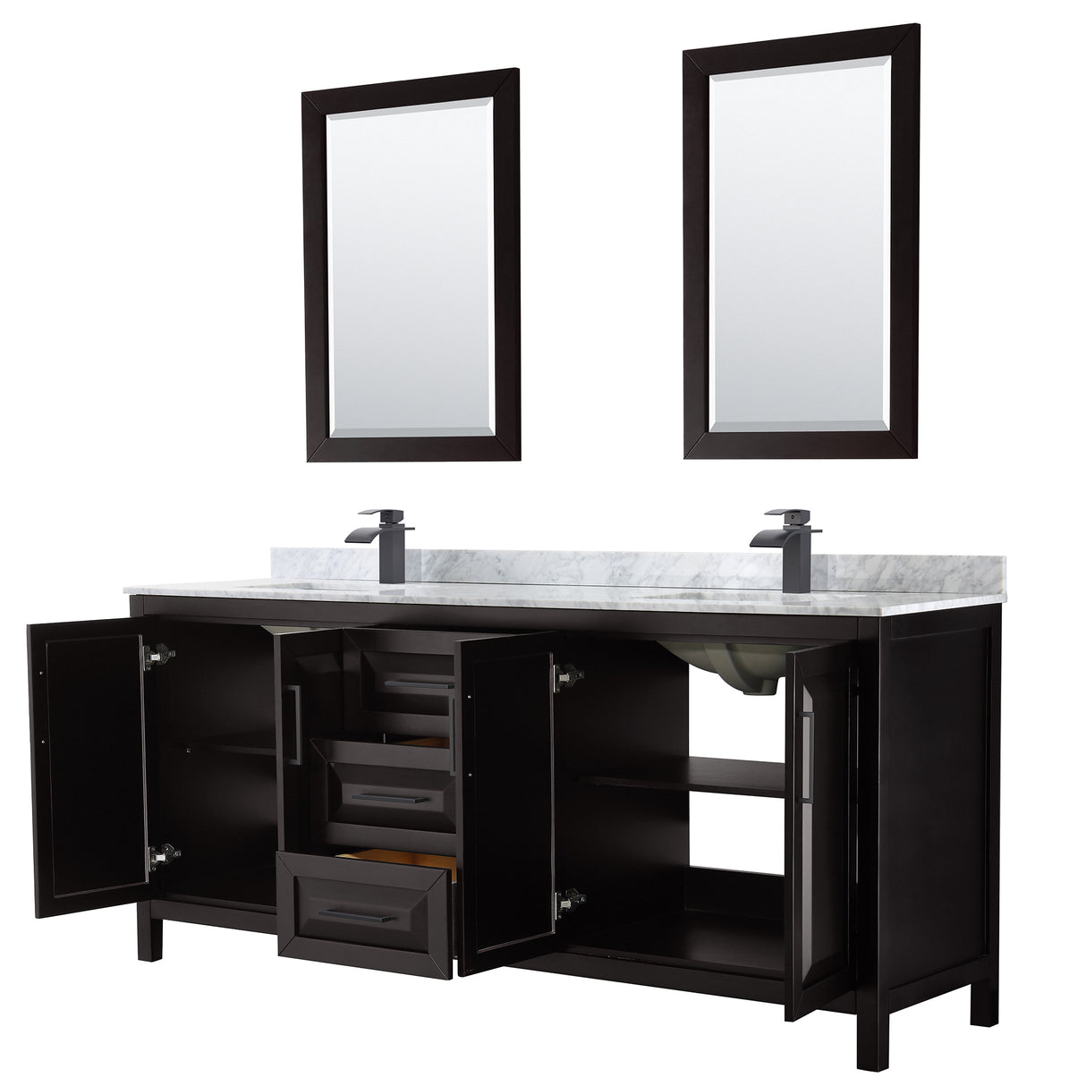 Daria 80 Inch Double Bathroom Vanity in Dark Espresso White Carrara Marble Countertop Undermount Square Sinks Matte Black Trim 24 Inch Mirrors