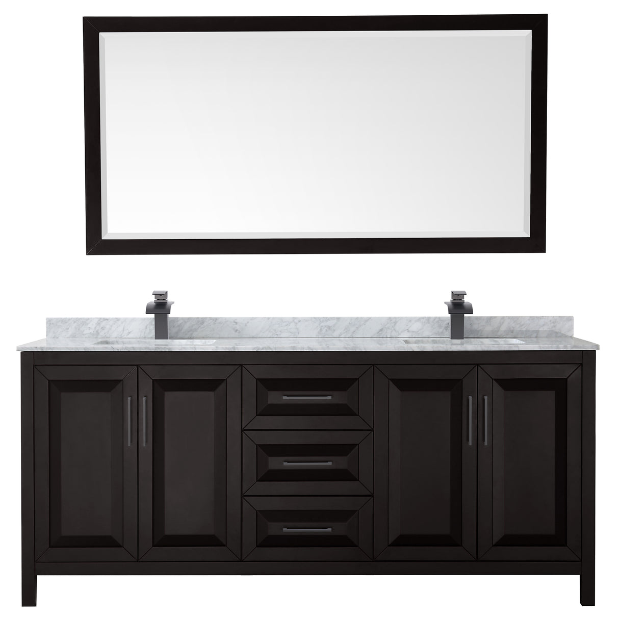 Daria 80 Inch Double Bathroom Vanity in Dark Espresso White Carrara Marble Countertop Undermount Square Sinks Matte Black Trim 70 Inch Mirror
