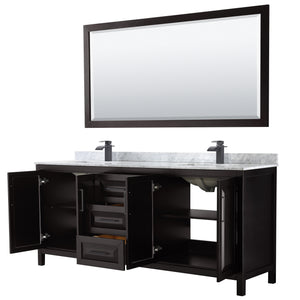 Daria 80 Inch Double Bathroom Vanity in Dark Espresso White Carrara Marble Countertop Undermount Square Sinks Matte Black Trim 70 Inch Mirror