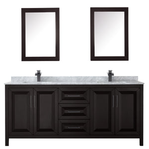 Daria 80 Inch Double Bathroom Vanity in Dark Espresso White Carrara Marble Countertop Undermount Square Sinks Matte Black Trim Medicine Cabinets