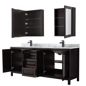 Daria 80 Inch Double Bathroom Vanity in Dark Espresso White Carrara Marble Countertop Undermount Square Sinks Matte Black Trim Medicine Cabinets