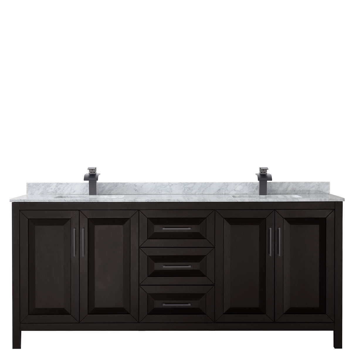 Daria 80 Inch Double Bathroom Vanity in Dark Espresso White Carrara Marble Countertop Undermount Square Sinks Matte Black Trim