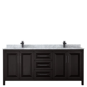 Daria 80 Inch Double Bathroom Vanity in Dark Espresso White Carrara Marble Countertop Undermount Square Sinks Matte Black Trim