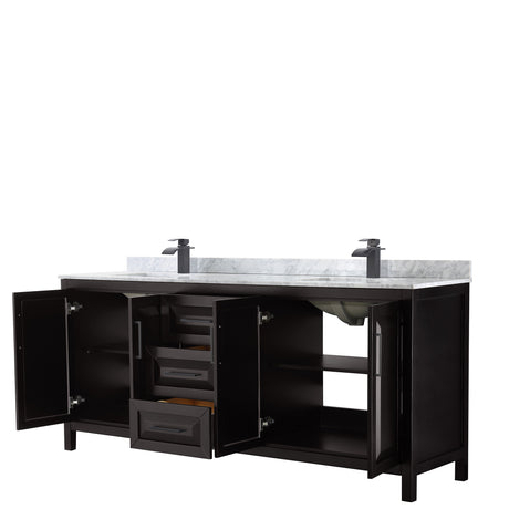 Daria 80 Inch Double Bathroom Vanity in Dark Espresso White Carrara Marble Countertop Undermount Square Sinks Matte Black Trim