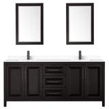Daria 80 Inch Double Bathroom Vanity in Dark Espresso White Cultured Marble Countertop Undermount Square Sinks Matte Black Trim 24 Inch Mirrors