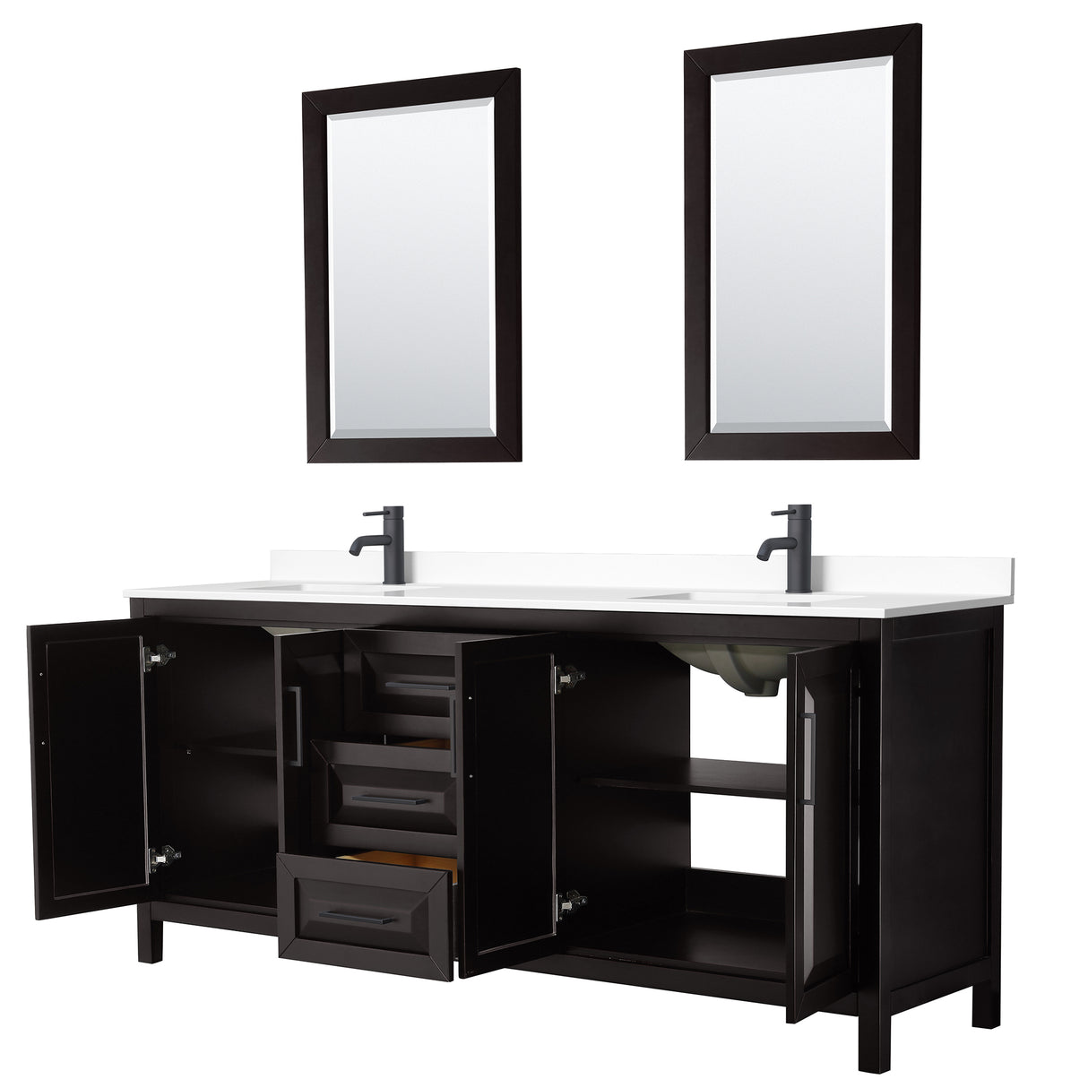 Daria 80 Inch Double Bathroom Vanity in Dark Espresso White Cultured Marble Countertop Undermount Square Sinks Matte Black Trim 24 Inch Mirrors