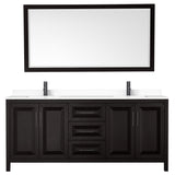 Daria 80 Inch Double Bathroom Vanity in Dark Espresso White Cultured Marble Countertop Undermount Square Sinks Matte Black Trim 70 Inch Mirror