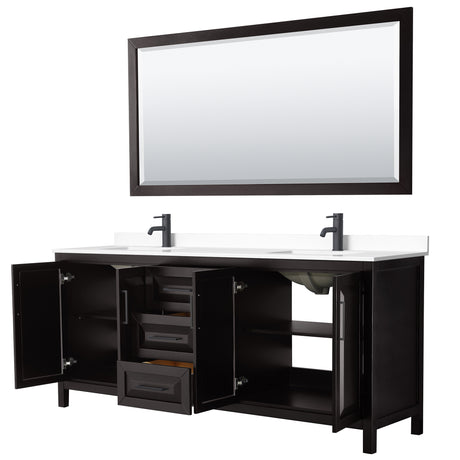 Daria 80 Inch Double Bathroom Vanity in Dark Espresso White Cultured Marble Countertop Undermount Square Sinks Matte Black Trim 70 Inch Mirror