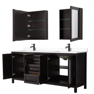 Daria 80 Inch Double Bathroom Vanity in Dark Espresso White Cultured Marble Countertop Undermount Square Sinks Matte Black Trim Medicine Cabinets