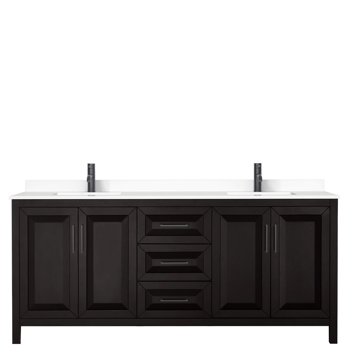Daria 80 Inch Double Bathroom Vanity in Dark Espresso White Cultured Marble Countertop Undermount Square Sinks Matte Black Trim