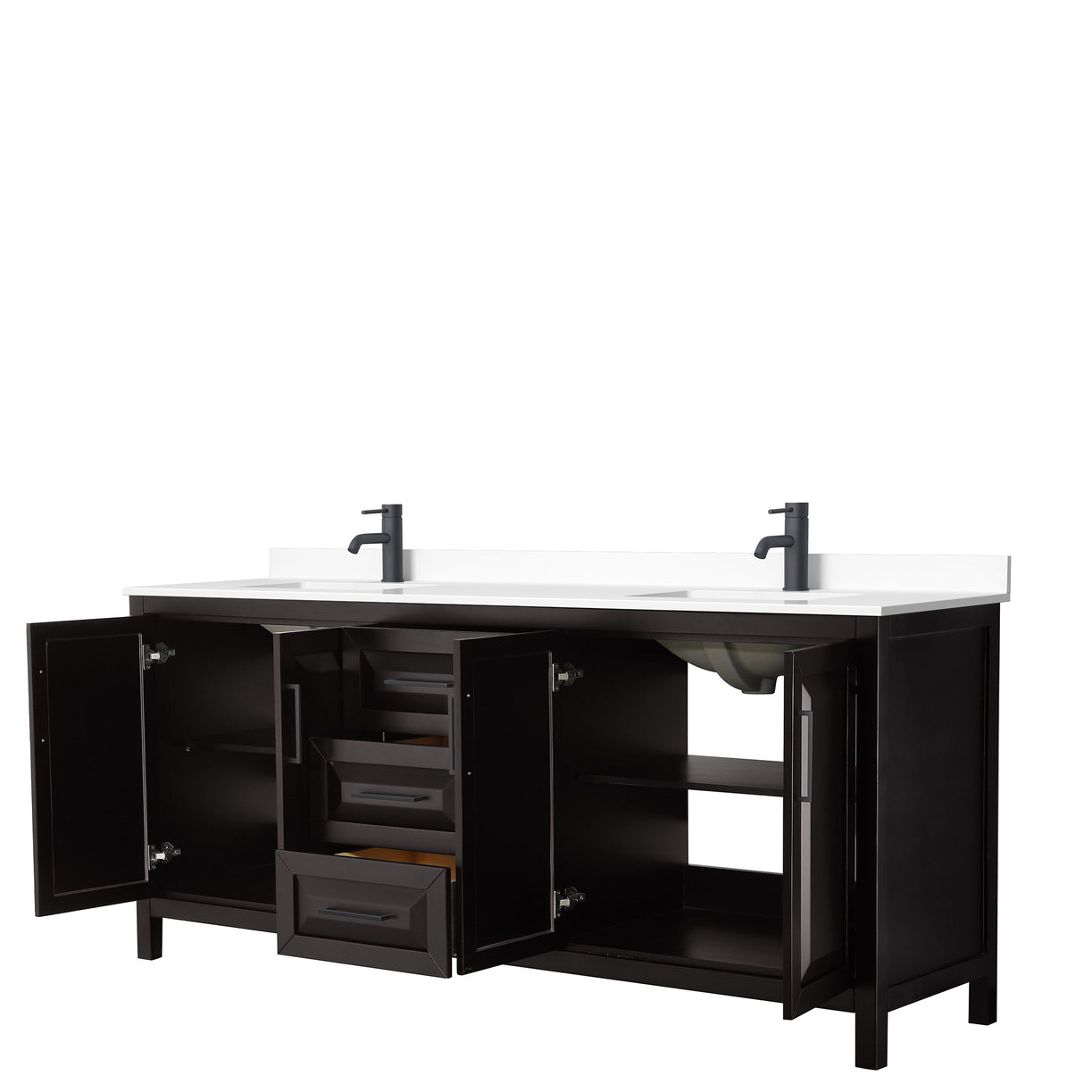 Daria 80 Inch Double Bathroom Vanity in Dark Espresso White Cultured Marble Countertop Undermount Square Sinks Matte Black Trim