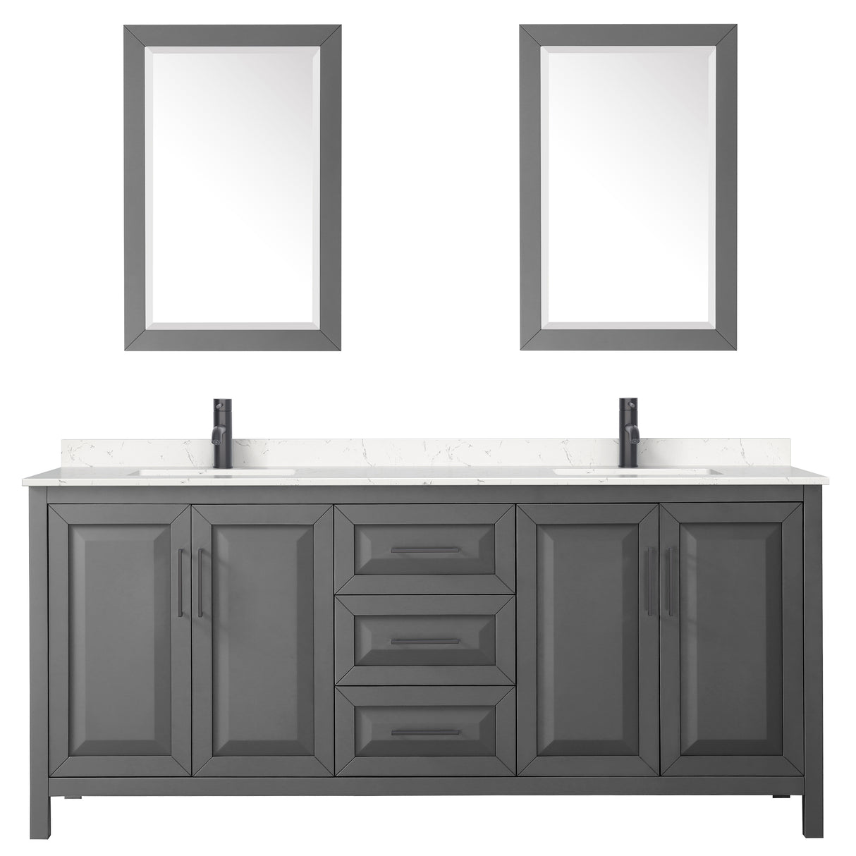 Daria 80 Inch Double Bathroom Vanity in Dark Gray Carrara Cultured Marble Countertop Undermount Square Sinks Matte Black Trim 24 Inch Mirrors