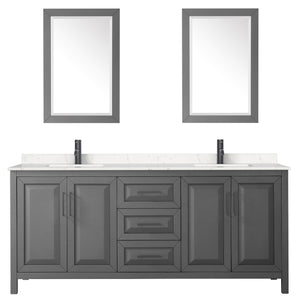 Daria 80 Inch Double Bathroom Vanity in Dark Gray Carrara Cultured Marble Countertop Undermount Square Sinks Matte Black Trim 24 Inch Mirrors
