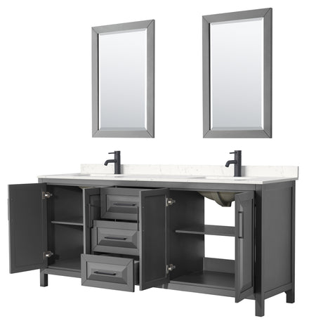 Daria 80 Inch Double Bathroom Vanity in Dark Gray Carrara Cultured Marble Countertop Undermount Square Sinks Matte Black Trim 24 Inch Mirrors