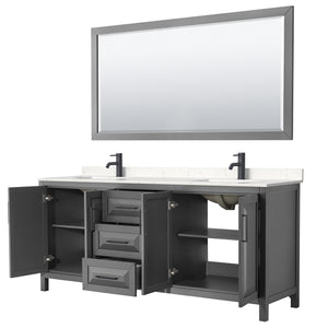 Daria 80 Inch Double Bathroom Vanity in Dark Gray Carrara Cultured Marble Countertop Undermount Square Sinks Matte Black Trim 70 Inch Mirror