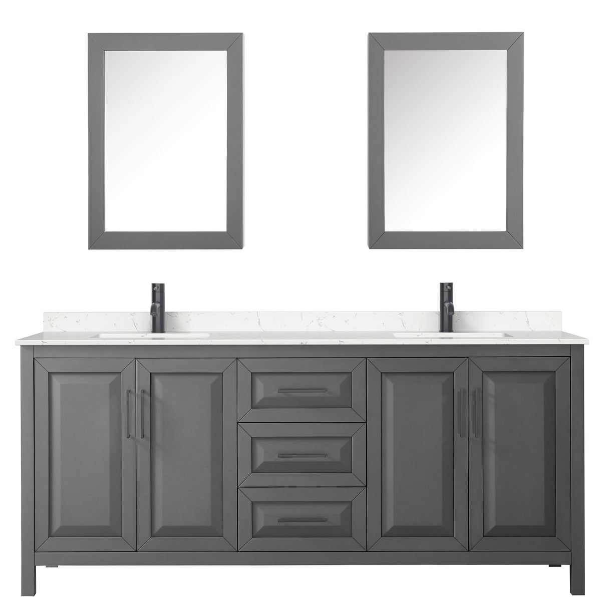 Daria 80 Inch Double Bathroom Vanity in Dark Gray Carrara Cultured Marble Countertop Undermount Square Sinks Matte Black Trim Medicine Cabinets