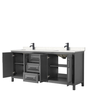 Daria 80 Inch Double Bathroom Vanity in Dark Gray Carrara Cultured Marble Countertop Undermount Square Sinks Matte Black Trim