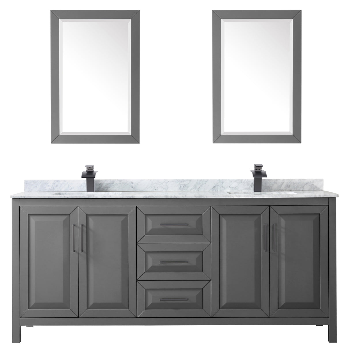 Daria 80 Inch Double Bathroom Vanity in Dark Gray White Carrara Marble Countertop Undermount Square Sinks Matte Black Trim 24 Inch Mirrors