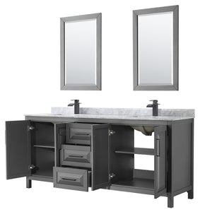Daria 80 Inch Double Bathroom Vanity in Dark Gray White Carrara Marble Countertop Undermount Square Sinks Matte Black Trim 24 Inch Mirrors