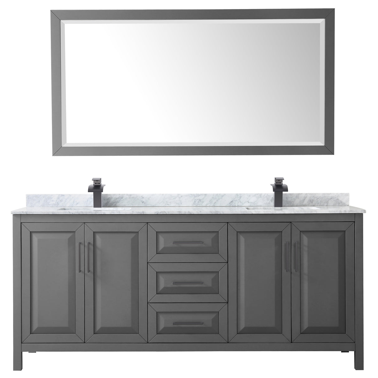 Daria 80 Inch Double Bathroom Vanity in Dark Gray White Carrara Marble Countertop Undermount Square Sinks Matte Black Trim 70 Inch Mirror