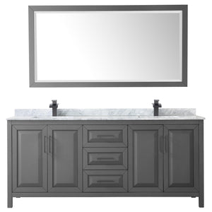 Daria 80 Inch Double Bathroom Vanity in Dark Gray White Carrara Marble Countertop Undermount Square Sinks Matte Black Trim 70 Inch Mirror