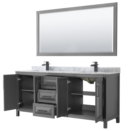 Daria 80 Inch Double Bathroom Vanity in Dark Gray White Carrara Marble Countertop Undermount Square Sinks Matte Black Trim 70 Inch Mirror