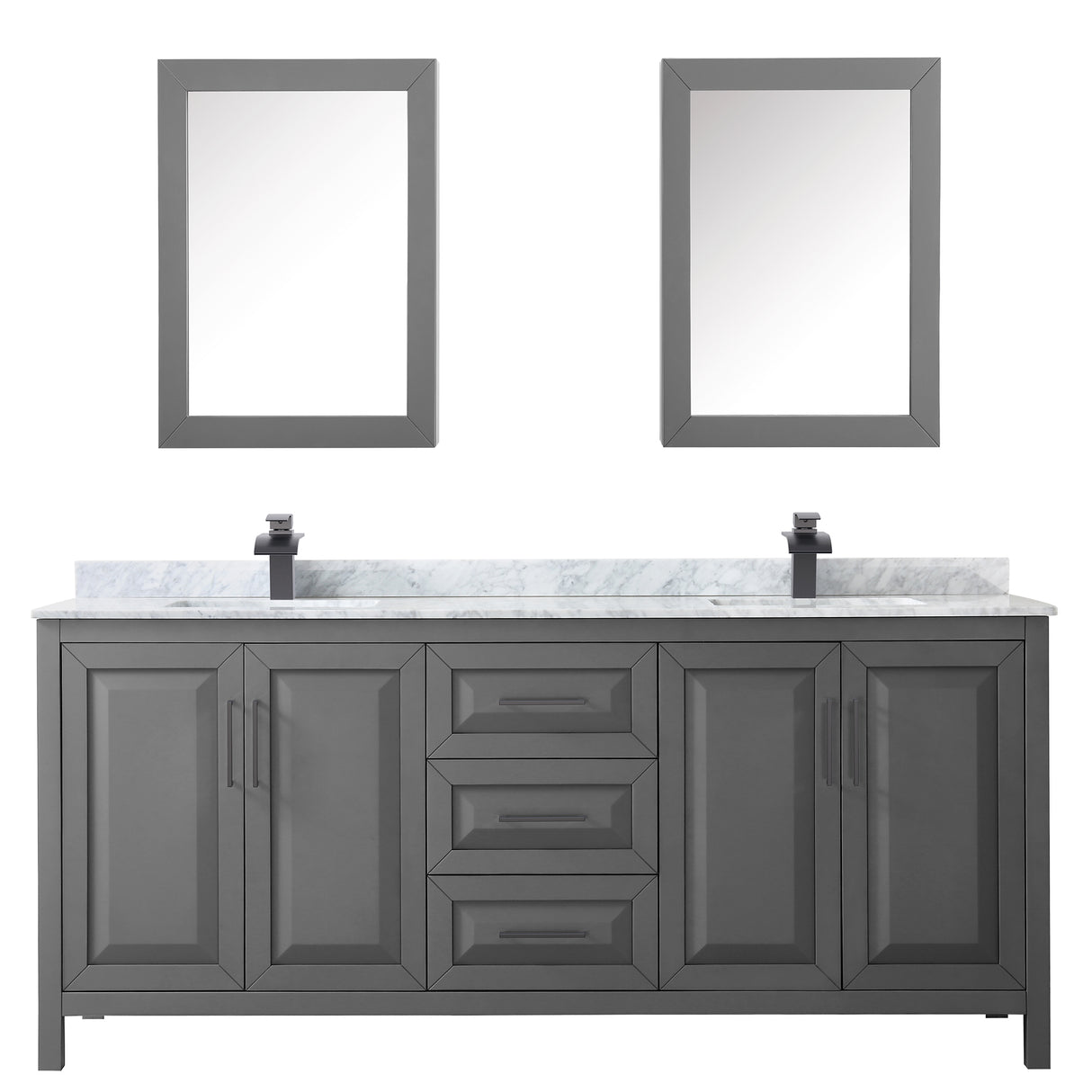 Daria 80 Inch Double Bathroom Vanity in Dark Gray White Carrara Marble Countertop Undermount Square Sinks Matte Black Trim Medicine Cabinets