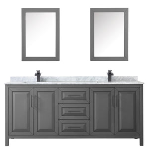 Daria 80 Inch Double Bathroom Vanity in Dark Gray White Carrara Marble Countertop Undermount Square Sinks Matte Black Trim Medicine Cabinets