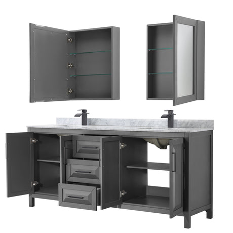 Daria 80 Inch Double Bathroom Vanity in Dark Gray White Carrara Marble Countertop Undermount Square Sinks Matte Black Trim Medicine Cabinets