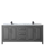 Daria 80 Inch Double Bathroom Vanity in Dark Gray White Carrara Marble Countertop Undermount Square Sinks Matte Black Trim