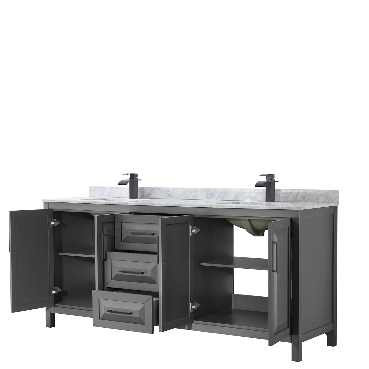 Daria 80 Inch Double Bathroom Vanity in Dark Gray White Carrara Marble Countertop Undermount Square Sinks Matte Black Trim