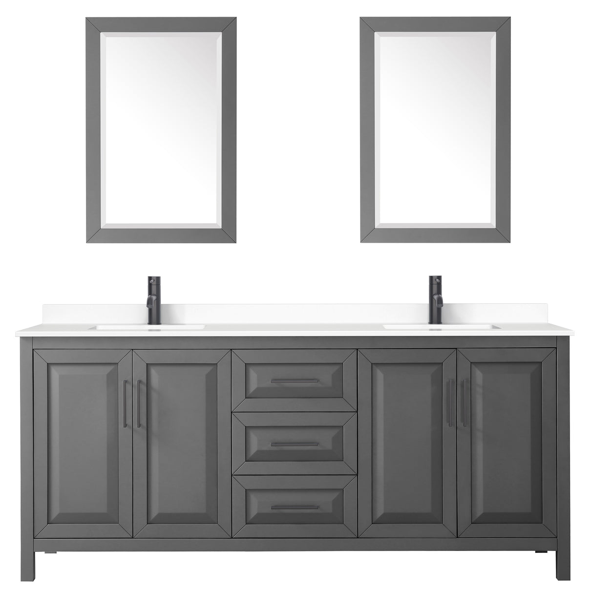 Daria 80 Inch Double Bathroom Vanity in Dark Gray White Cultured Marble Countertop Undermount Square Sinks Matte Black Trim 24 Inch Mirrors