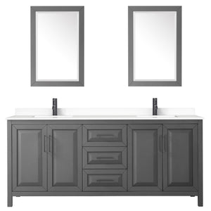 Daria 80 Inch Double Bathroom Vanity in Dark Gray White Cultured Marble Countertop Undermount Square Sinks Matte Black Trim 24 Inch Mirrors