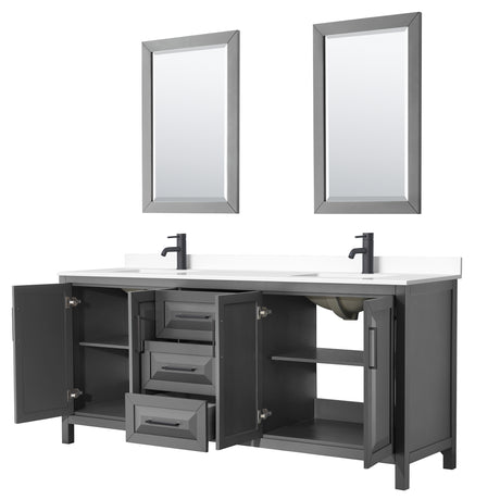 Daria 80 Inch Double Bathroom Vanity in Dark Gray White Cultured Marble Countertop Undermount Square Sinks Matte Black Trim 24 Inch Mirrors