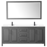 Daria 80 Inch Double Bathroom Vanity in Dark Gray White Cultured Marble Countertop Undermount Square Sinks Matte Black Trim 70 Inch Mirror