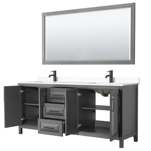 Daria 80 Inch Double Bathroom Vanity in Dark Gray White Cultured Marble Countertop Undermount Square Sinks Matte Black Trim 70 Inch Mirror