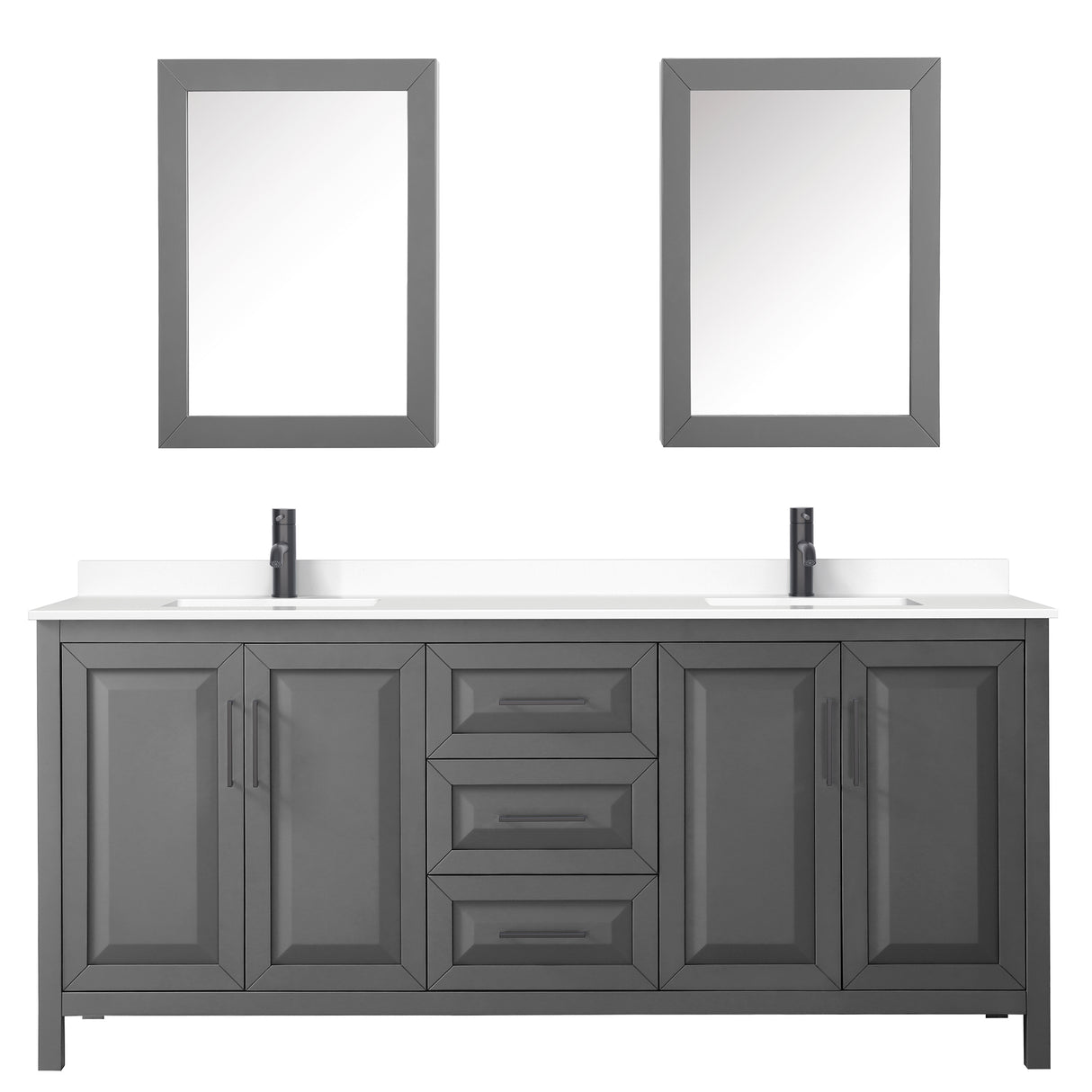 Daria 80 Inch Double Bathroom Vanity in Dark Gray White Cultured Marble Countertop Undermount Square Sinks Matte Black Trim Medicine Cabinets