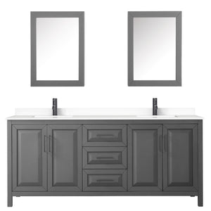 Daria 80 Inch Double Bathroom Vanity in Dark Gray White Cultured Marble Countertop Undermount Square Sinks Matte Black Trim Medicine Cabinets